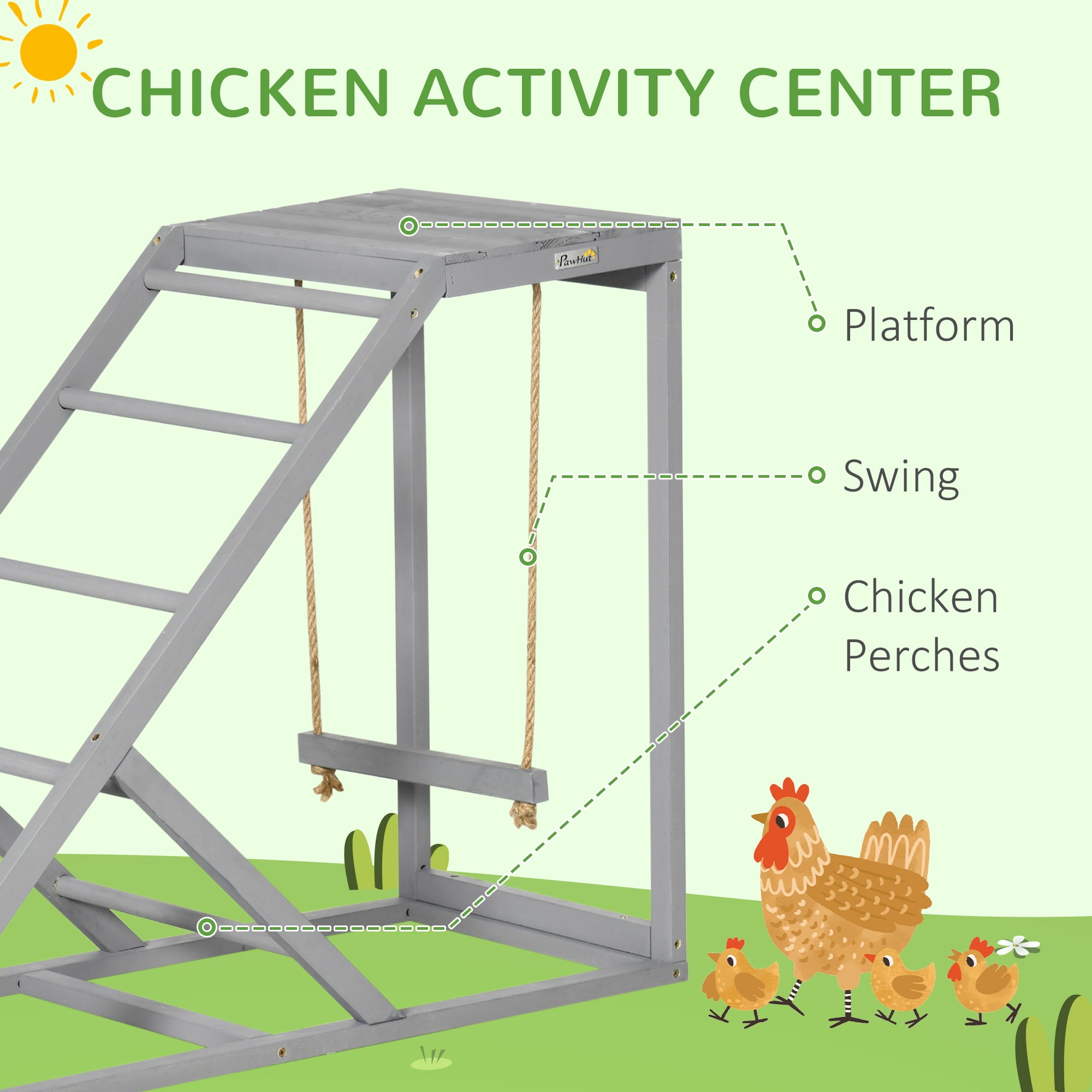 Chicken Activity Play for Healthy & Happy Animals, Swing Set with Chicken Perches & Hen Ladder, Chicken Coop Toy, Gray