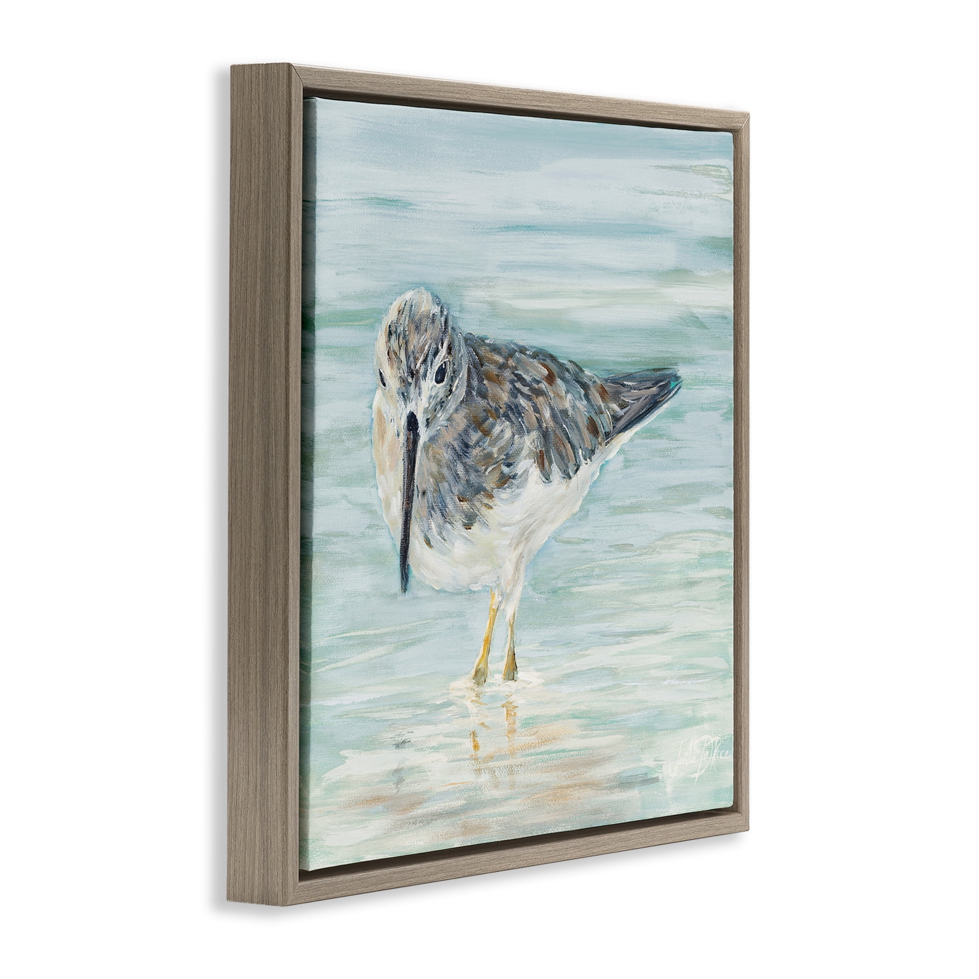 Stupell Industries Sandpiper in Shallow Beach Waters Animals & Insects Painting Brown Floater Framed Canvas Art Print Wall Art, 25 x 25