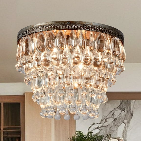 Round Crystal Droplet Semi Flush Mount, Vintage 15 Inch Large Ceiling Light, Hand-Polished Close to Ceiling Light, Light Fixture for Bedroom, Living Room