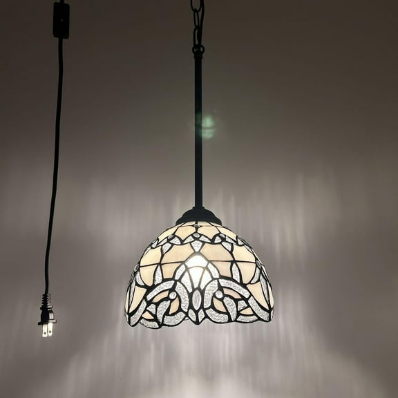 Tiffany Mini Hanging Lights Plug In White Stained Glass Baroque Style Lavender LED Bulb 8”W*8”D*60”H