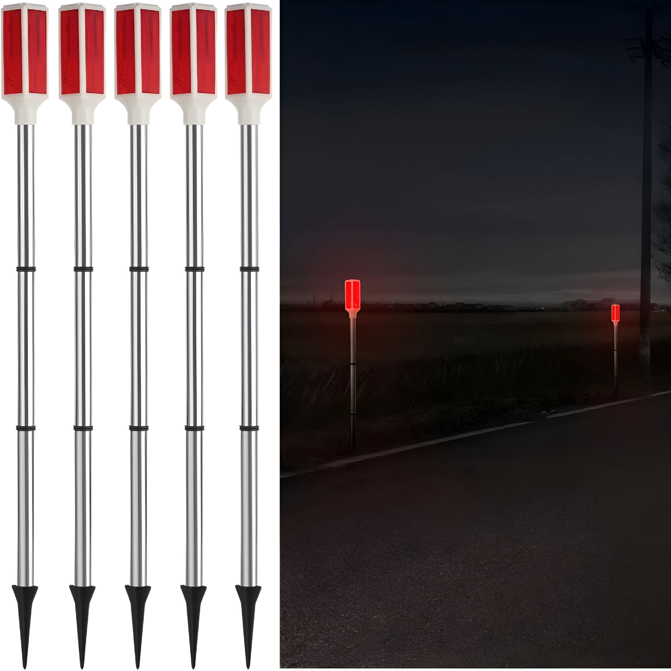 HIBIBUD 5 PCS Solar Powered Driveway Markers, Solar Warming Landscape Lights, Solar Outdoor Driveway Lights, Landscape Driveway Reflectors on Poles for Snow Road Yard (Red)
