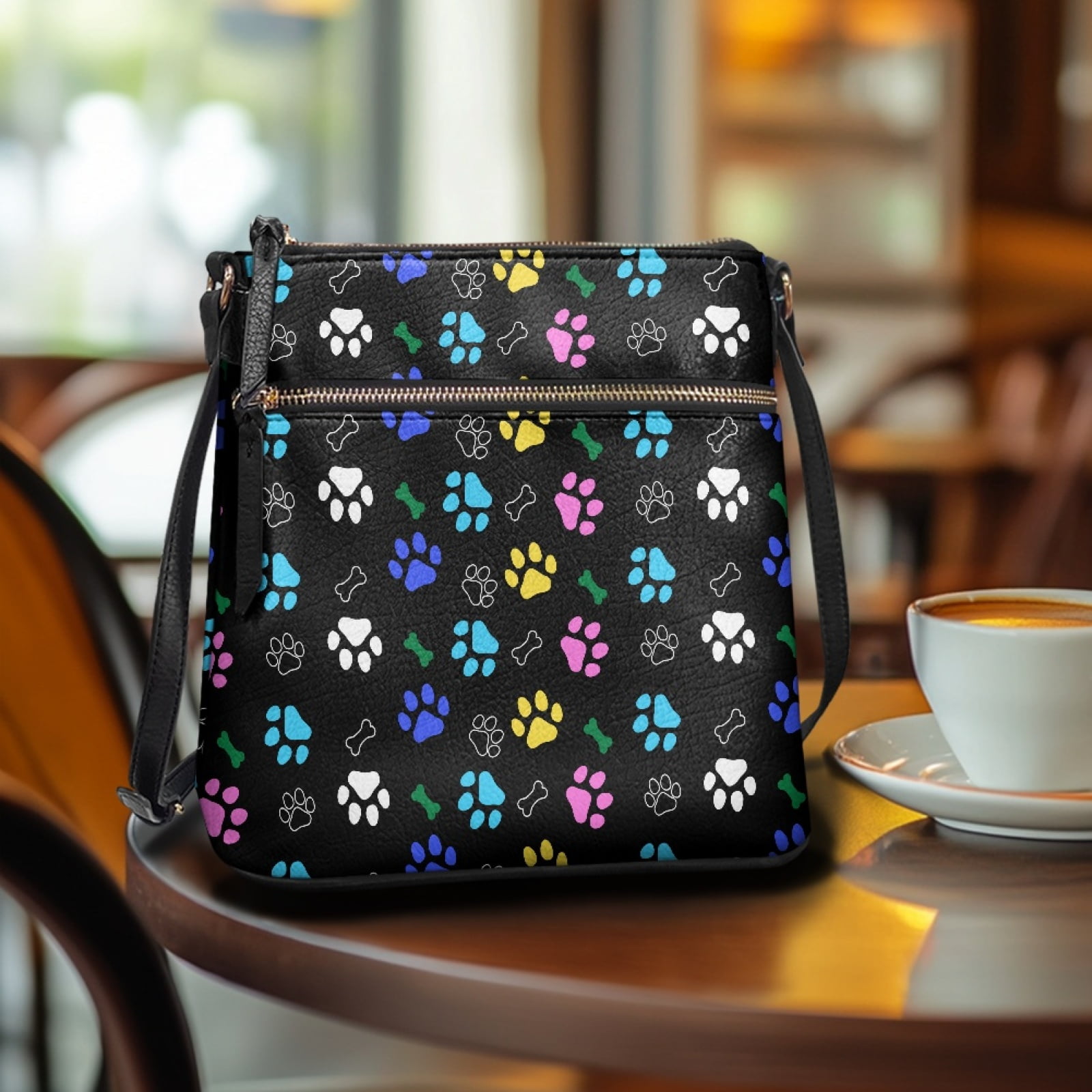 LedBack Dog Paw Print PU Leather Shoulder Purse Handbag for Women Ladies, Crossbody Hobo Purse Zipper Satchel Handbag with Adjustable Strap for Shopping Travel, Black