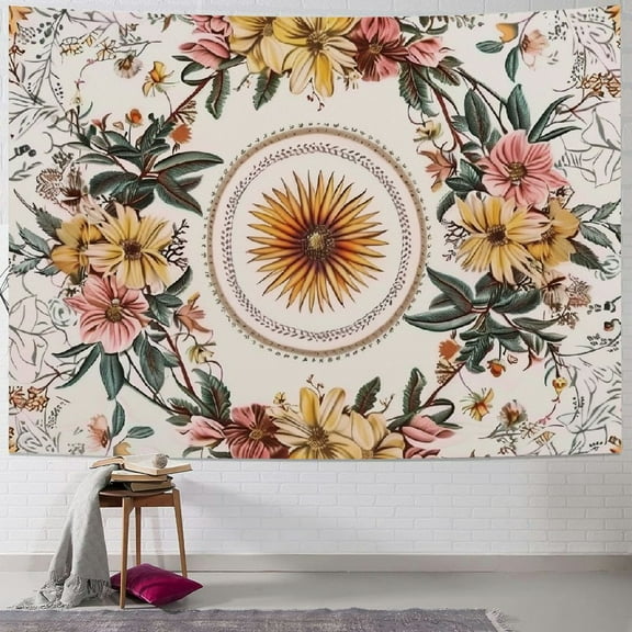 PRATYUS  White Pink Bohemian Tapestry Wall Hanging, Mandala Floral Tapestry with Light Brown Aesthetic Wreath Design, Cream Wall Decor Blanket for Bedroom Home Dorm, Small  40x30inch