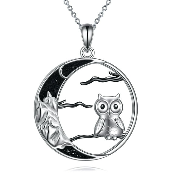 Owl Necklace for Women Sterling Silver Crescent Moon Black Owl Mountain Jewelry