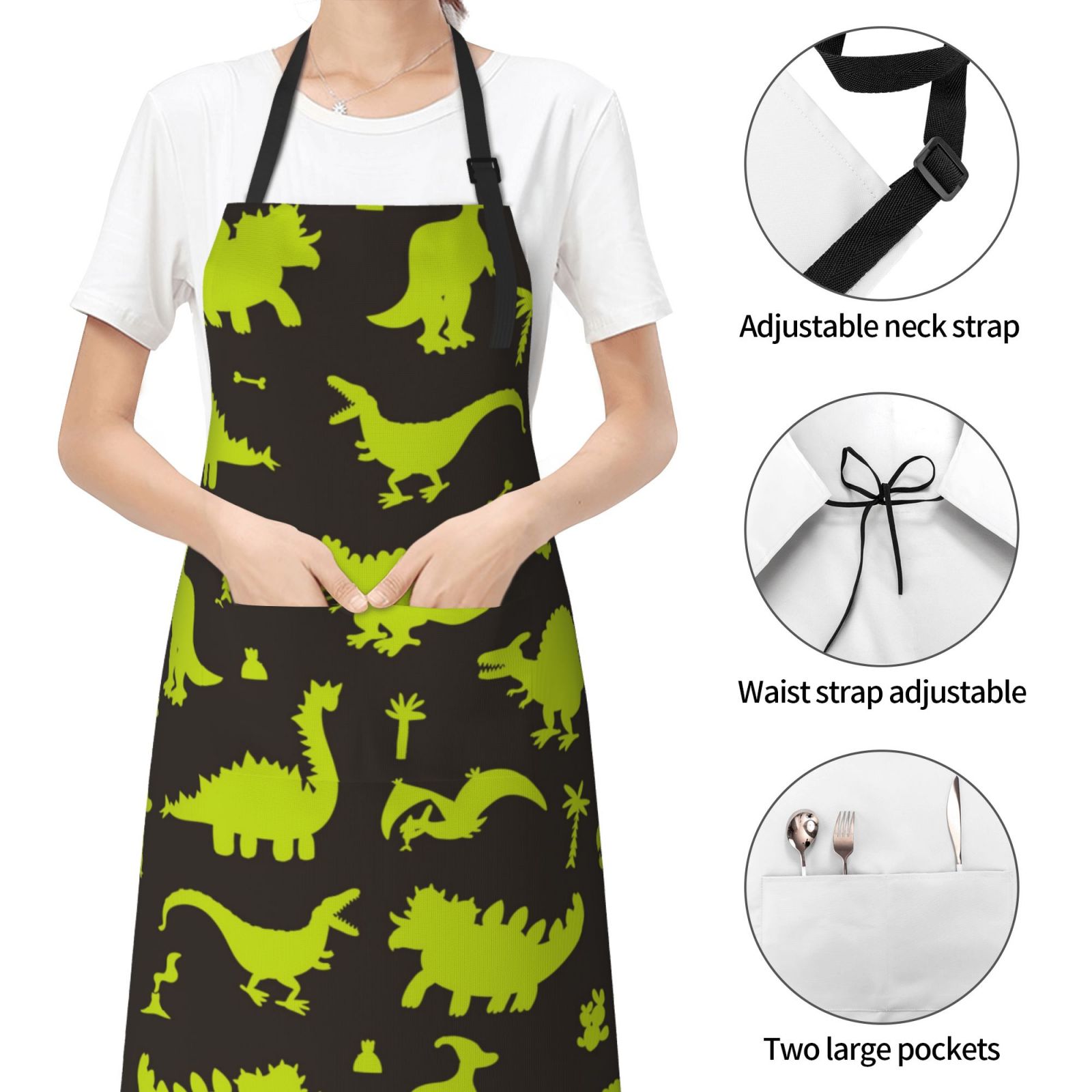 Kdxio Cute Cartoon Dinosaurs Green Silhouette Pattern Apron with Pockets Adjustable Kitchen Aprons for Men Women Waterproof Aprons for Cooking,Drawing,Crafting, Baking Household Cleaning