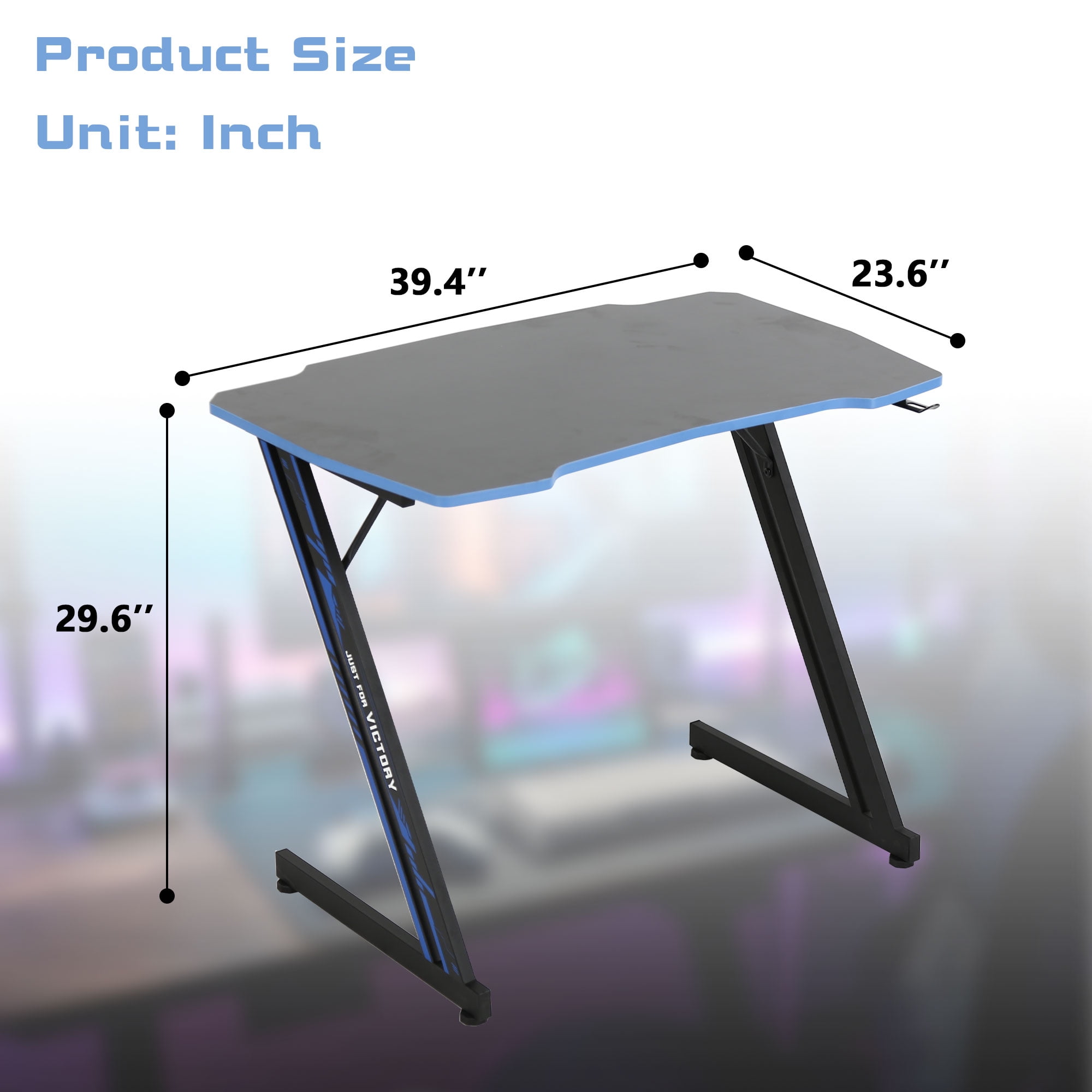 YRLLENSDAN Gaming Desk Z Shaped 39in Computer Gaming Workstation Ergonomic Gaming Table with Headphone Hook for Game Players, Blue