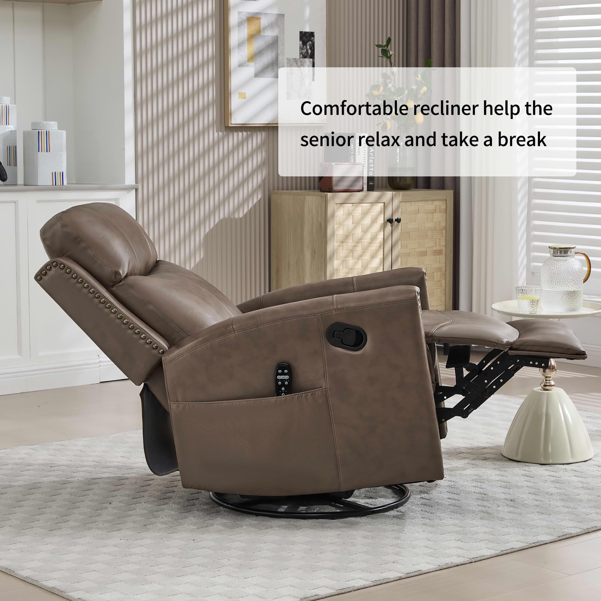 MAYEERTY Camel Brown Genuine Leather Manual Recliner Chair 360° Swivel Rocker 155° Recline with 8-Point Massage Heat for Living Room