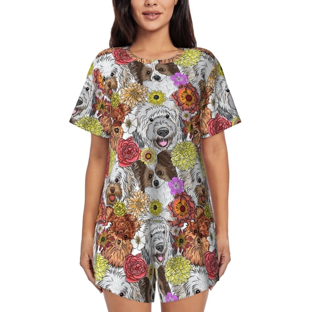 Fotbe Cute Dogs Puppy Conjunto de Pijama Estampado para Mujer, 2 Piezas, Ropa de Dormir con Camiseta de Manga Corta y Shorts Suaves-Medium