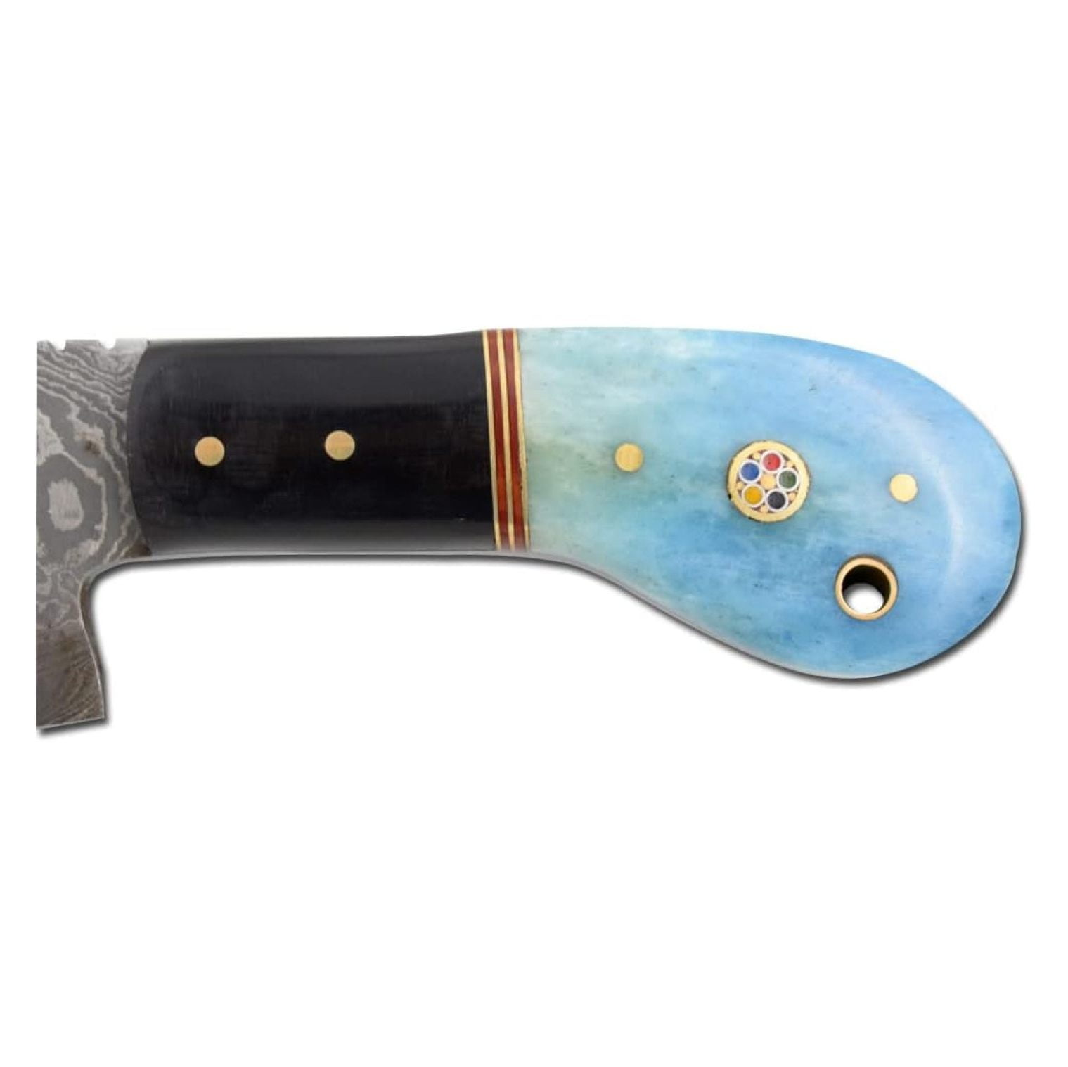 Damascus Steel Color Bone Handle Fixed Blade Full Skinner Knife w/Leather Sheath Hunting Camping Fishing Outdoor (Blue)