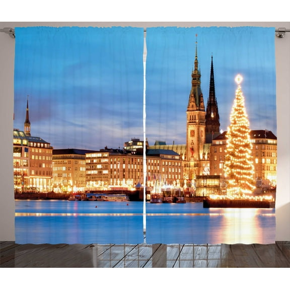 Ambesonne Winter Curtains 2 Panel Set, Hamburg Germany Old Town, 108" x 84", Blue Orange Brown