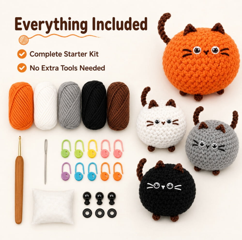 4 Pack Cat Family Crochet Kit for Beginners, Cat Amigurumi Starter Set with Step by Step Video Tutorials, TIKA