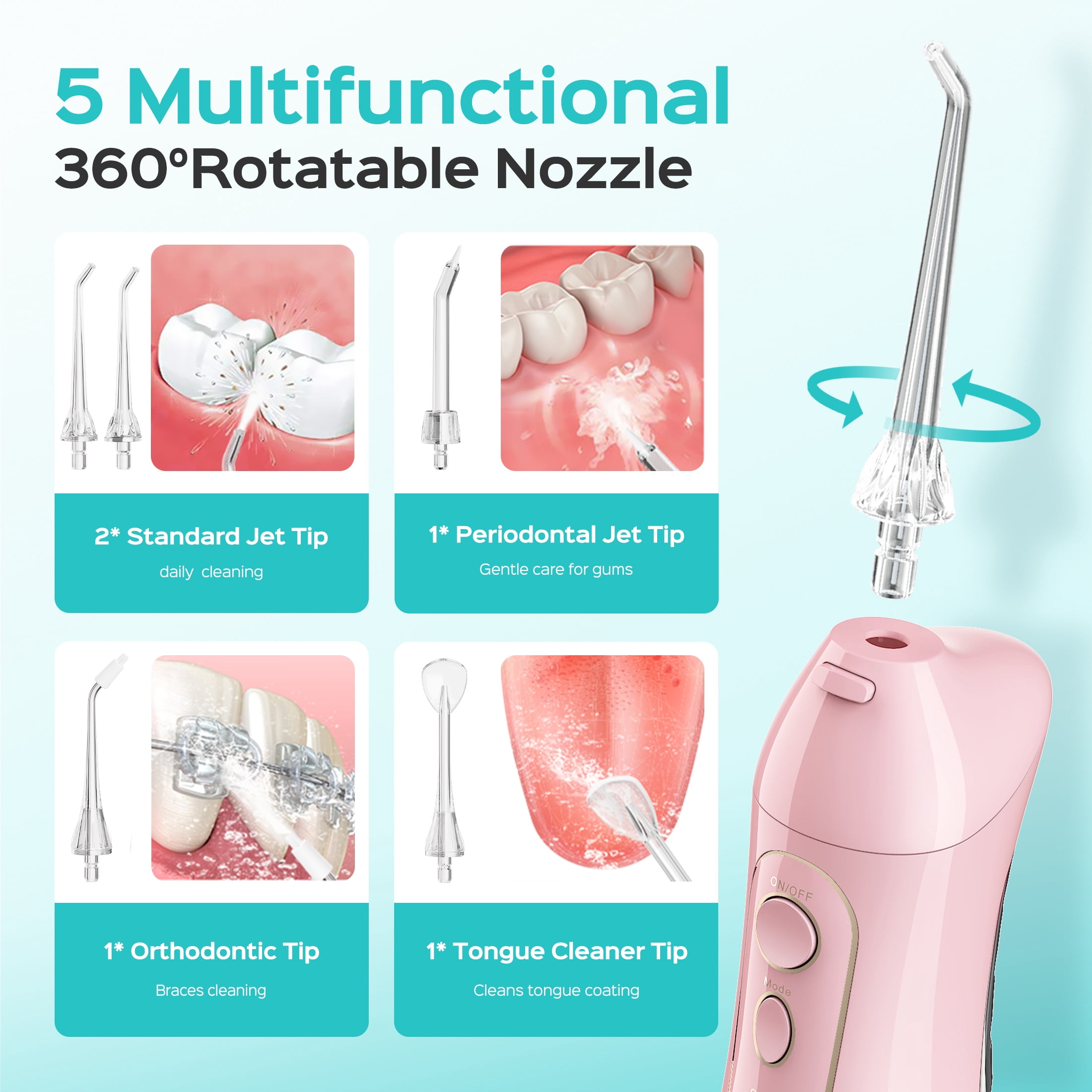 COSLUS CX20 Water Dental Flosser Teeth Pick,300ML Tank IPX7 Waterproof Portable Rechargeable Water Flosser Dental Oral Irrigator for Home and Travel Pink