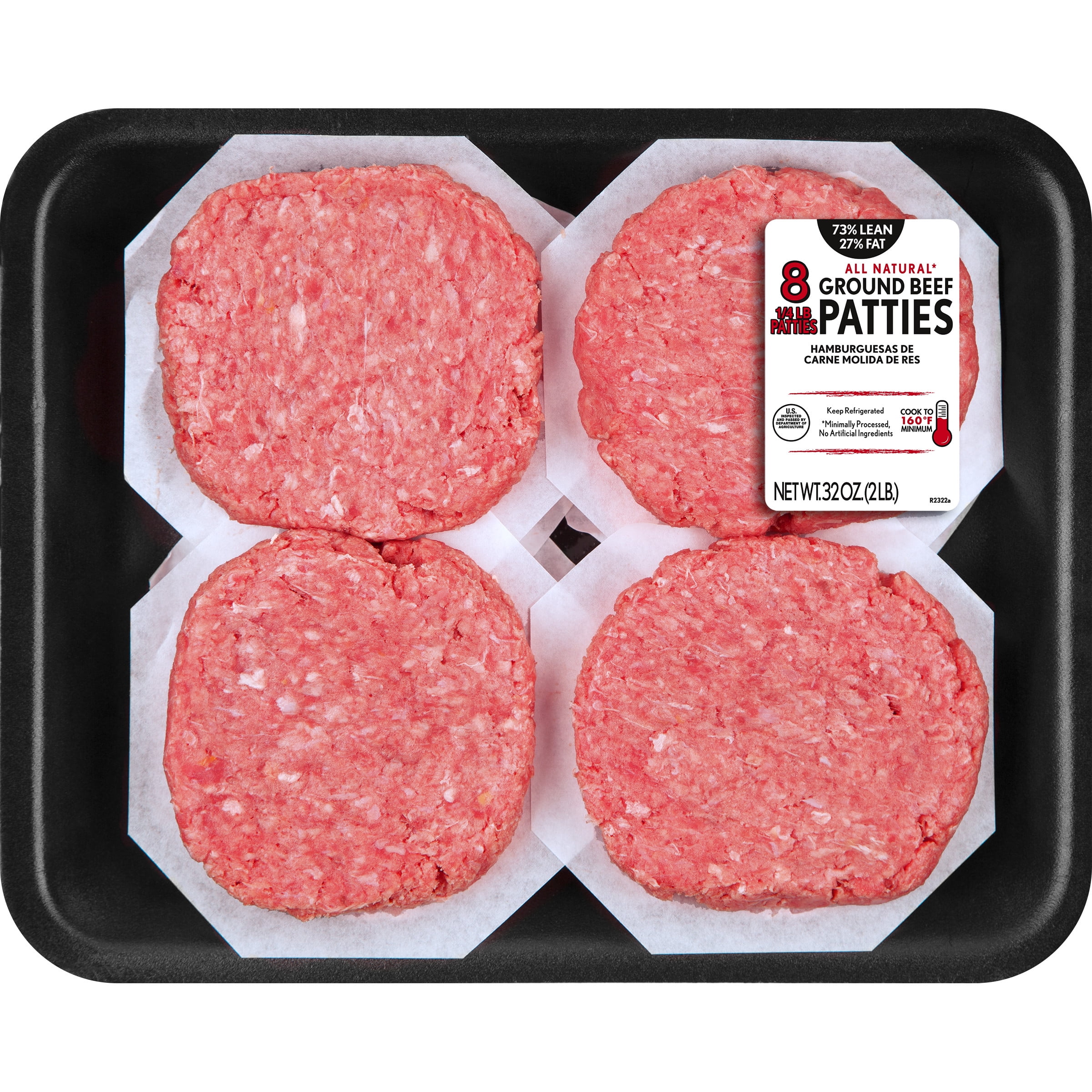 All Natural* 73 Lean/27 Fat Ground Beef Patties, 8 Count, 2 lb Tray