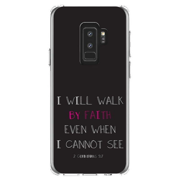 DistinctInk Clear Shockproof Hybrid Case for Samsung Galaxy S9  PLUS (6.2" Screen) - TPU Bumper, Acrylic Back, Tempered Glass Screen Protector - 2 Corinthians 5:7 - Walk By Faith When I Cannot See