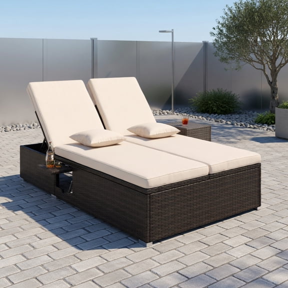 Double Chaise Lounge with Adjustable Backrest, Beige & Gray Cushions, PE Rattan Outdoor Patio Lounger for Backyard, Poolside & Deck