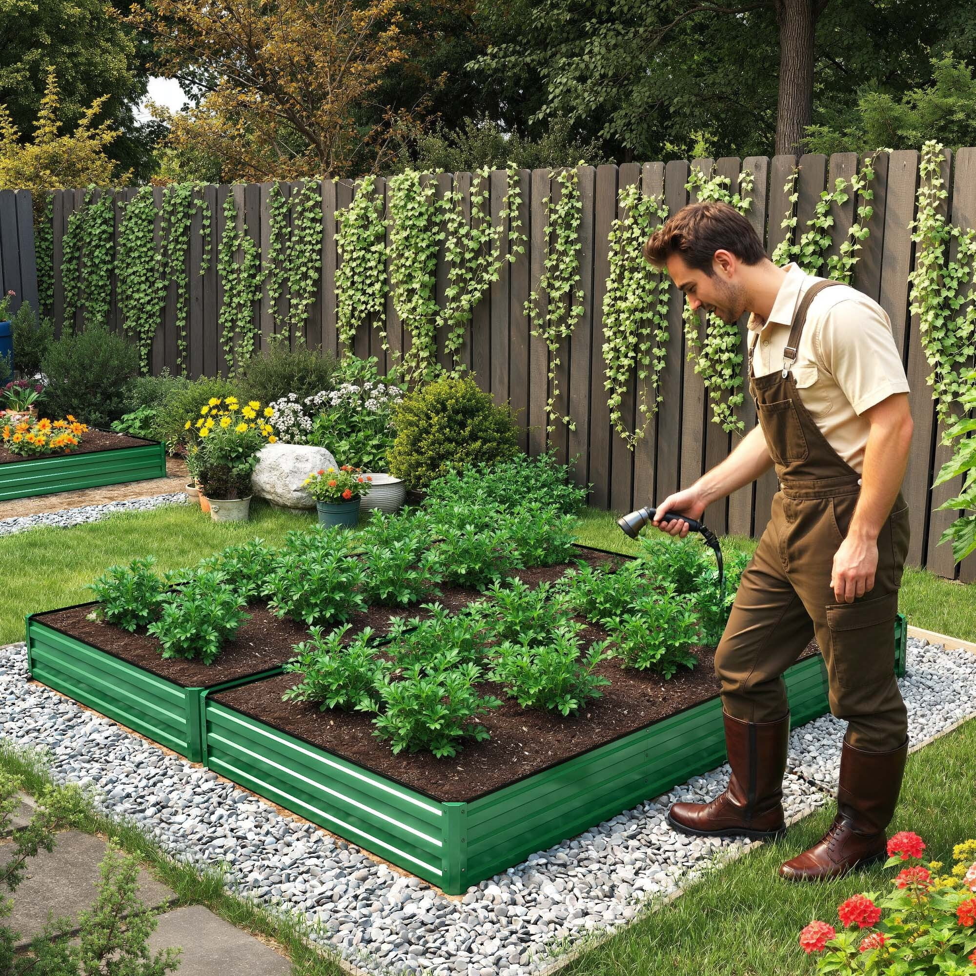 Uforic 2PCS 8X4X1FT Galvanized Raised Garden Bed Kit with Gardening Gloves, Safety Rubber & Support Rod, Outdoor Large Metal Planter Box for Plants Vegetables Flowers, Green