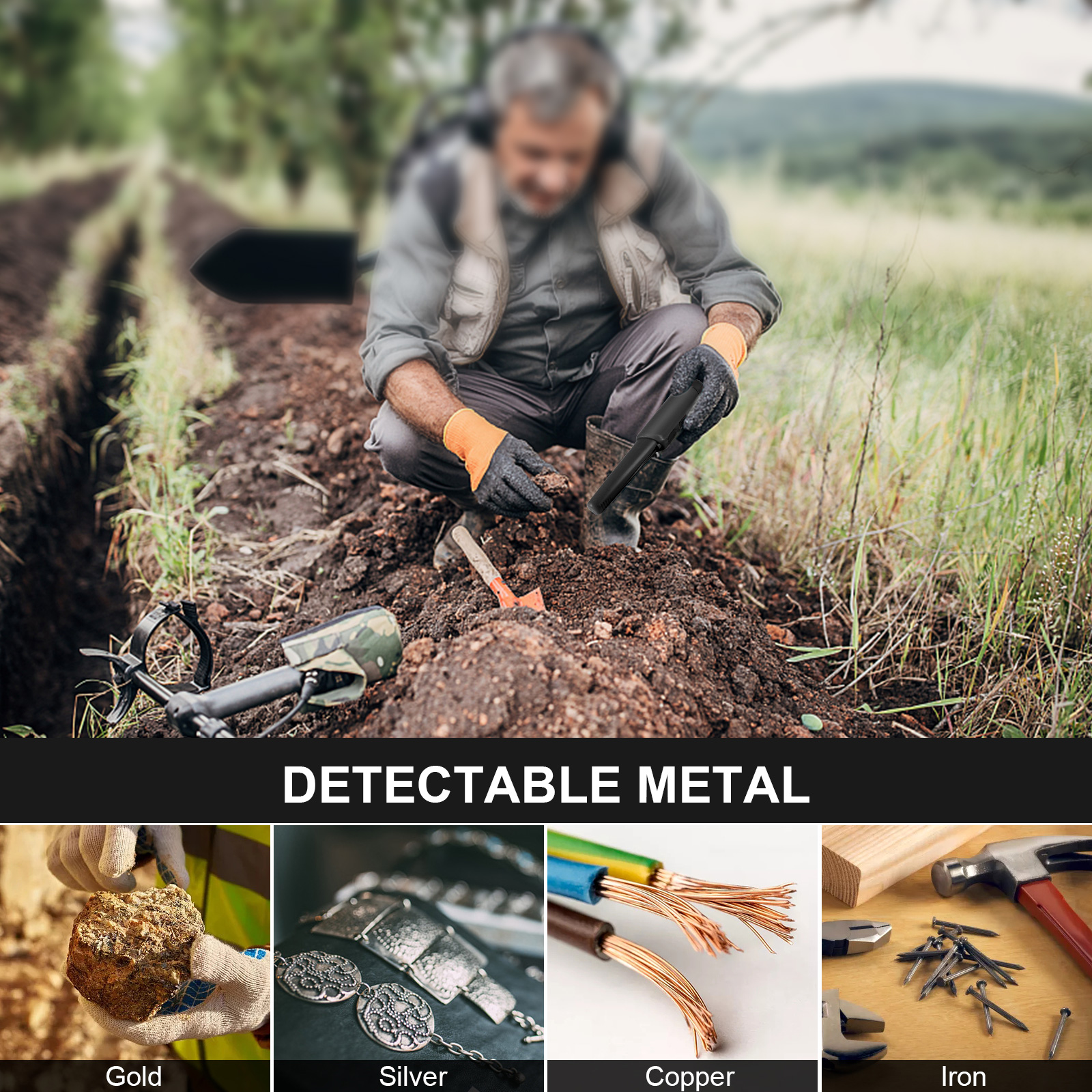 Metal Detector Pinpointer Waterproof Handheld Search Pinpointing Finder Treasure Hunting Tool Support Buzzer Vibration