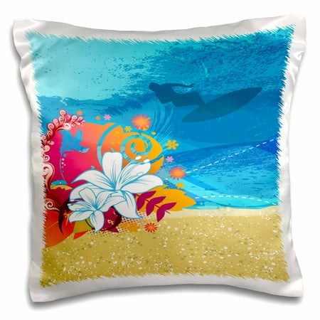 3dRose A Surfer Silhouette Surfing A Wave With Hawaiian Flowers Accent Design - Pillow Case, 16 by