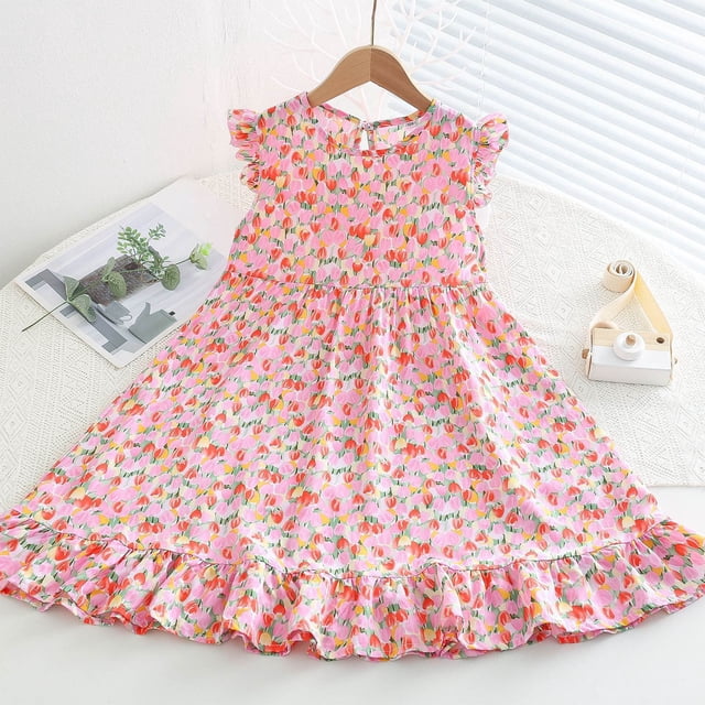 LOVZFMLL Robe Princesse en Maille à Manches Courtes et Col Rond pour Filles Été Couleur Unie pour Enfants