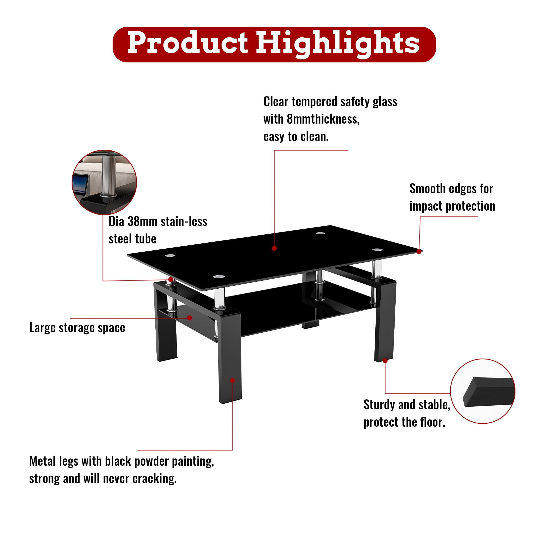 Glass Coffee Table for Living Room, SEGMART Modern Coffee Table with Lower Shelf, Rectangle Center Table with Metal Legs, Glass Table, Sofa Table, Tea Table, Living Room Table