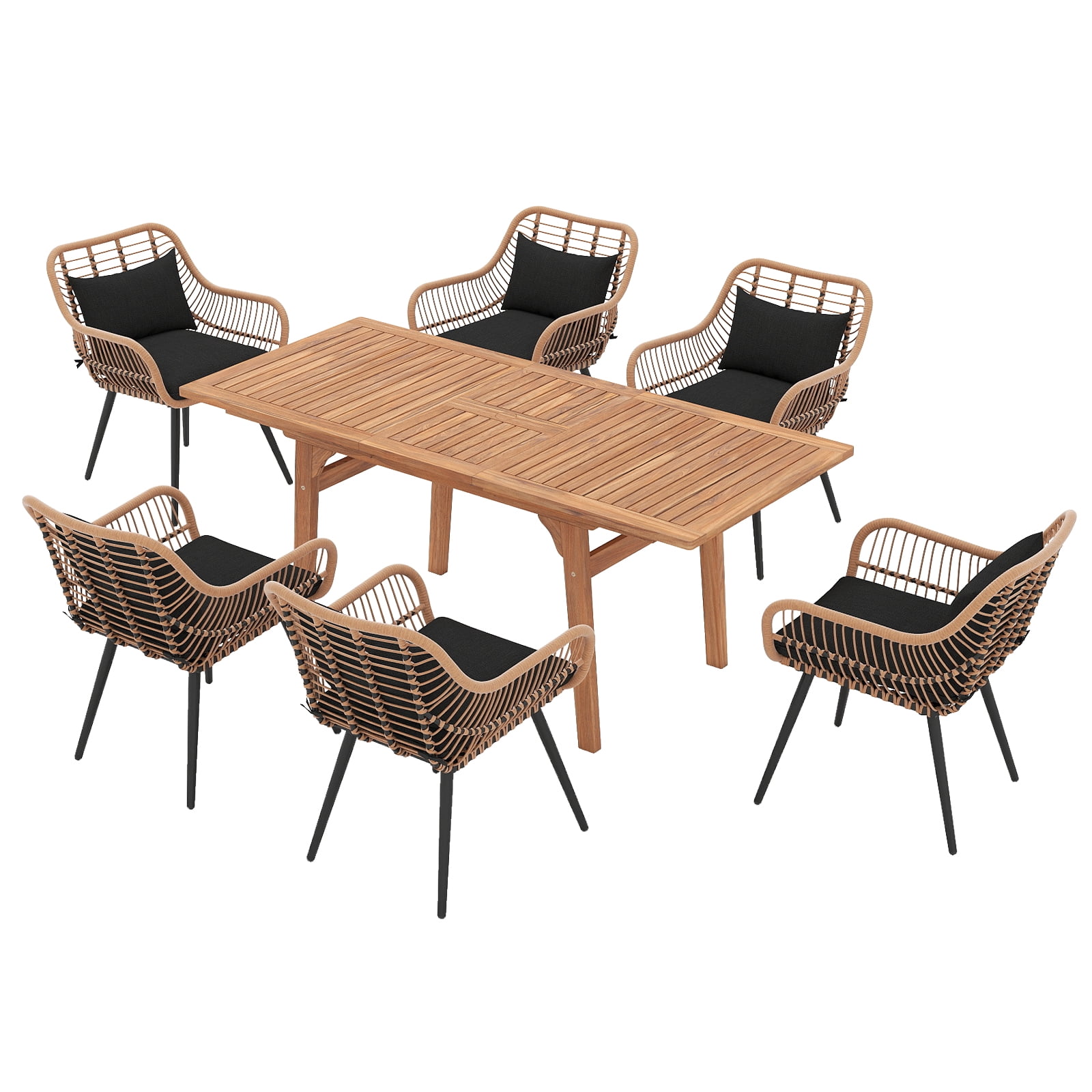 Outdoor Dining Set for 6, Extendable Wooden Table with Wicker Patio Chairs, 7-Piece Patio Outdoor Furniture Set for Deck, Garden, Backyard, Black