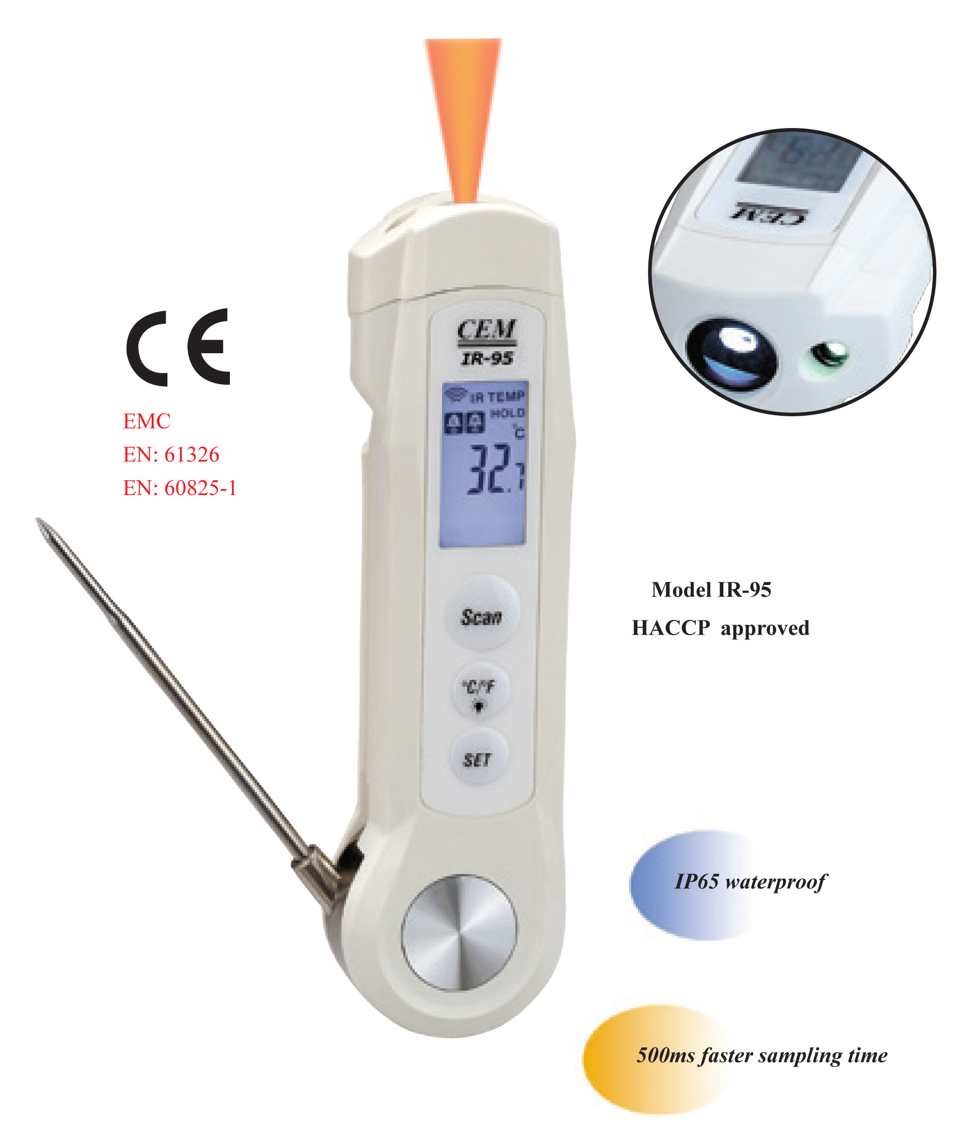 CEM IR-95 2-in-1 Professional LCD Food Safety IR and Probe Thermometer -40 to 446 deg F NEW