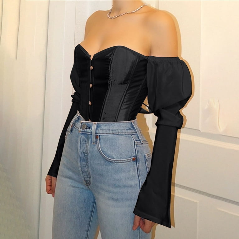 Lady Off Shoulder Sexy Chic Blouse Corset Tops Bustiers Long Sleeve Gothic  Retro