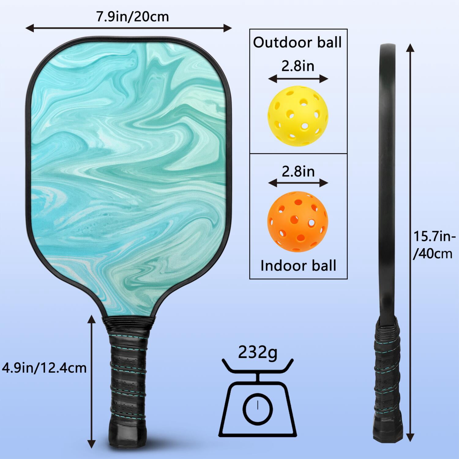 Pickleball Paddles Set Of 2, Fiberglass Surface, Liquid & Marble Print, 4 Balls & Bag