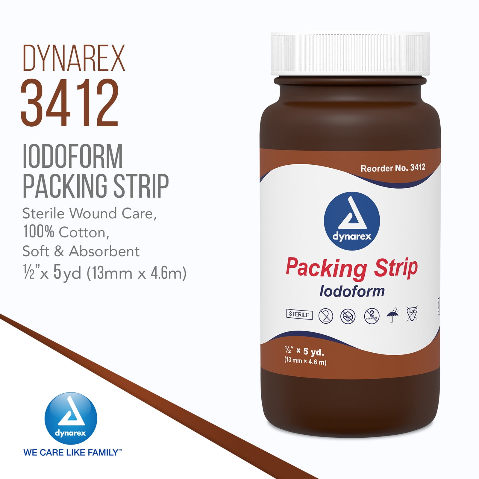 Dynarex Iodoform Packing Strip, Sterile Wound Care, 100% Cotton Woven Medical Packing Strip, Soft & Absorbent, 1/2” x 5 yd., 1 Case of 12 Packing Strip in Jars