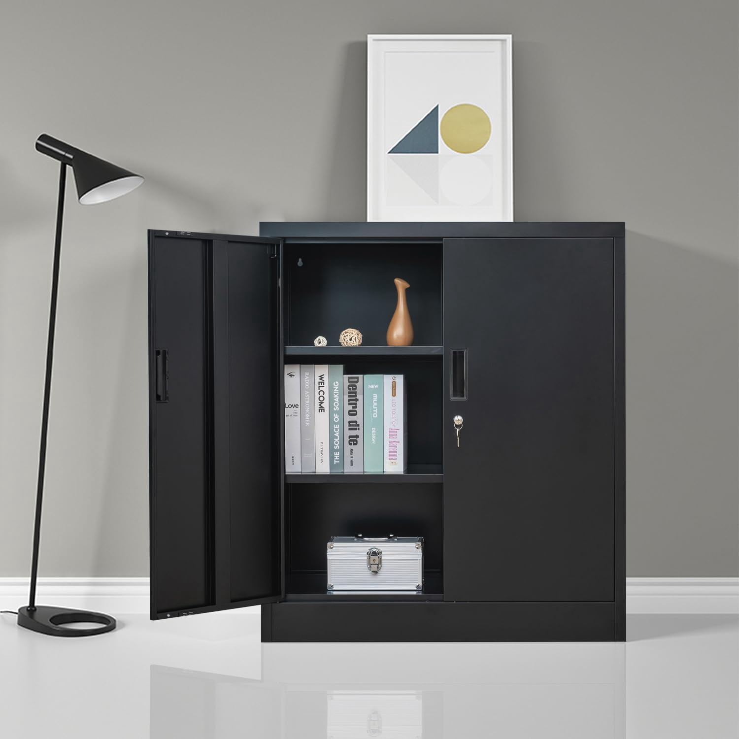 AINUO Black Locking Metal Storage Cabinet with Doors and Adjustable Shelves, 36.2" H x 31.5" W x 15.7" D Steel Lockable Cabinet for Home Office, Garage, Utility Room and Basement