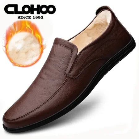 

CLOHOO Men‘s Genuine Leather Warm Fleece Comfortable Slip On Loafer Shoes Dark Brown Winter