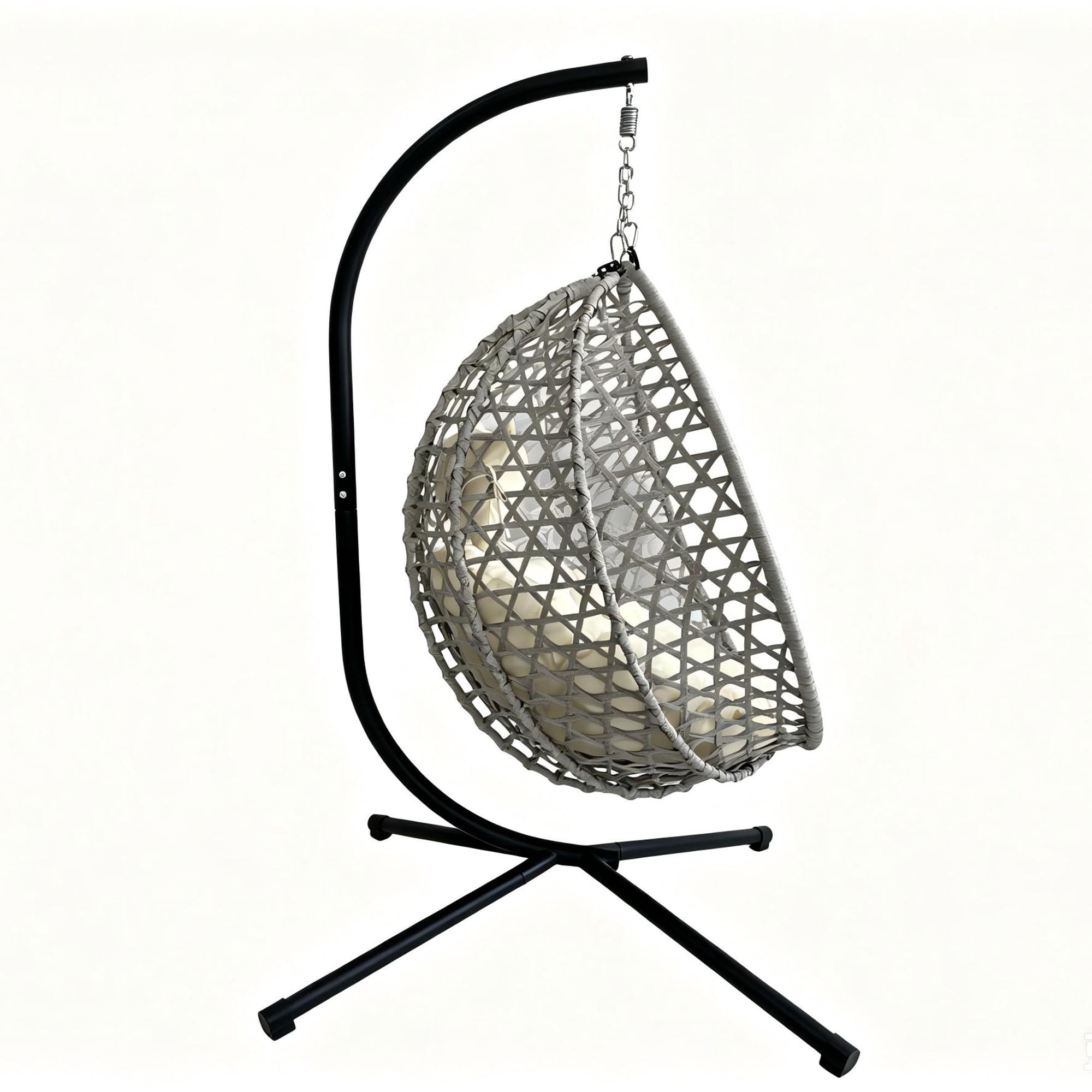 Foldable Hanging Egg Chair with Stand, HDPE Rattan Wicker Swing Chair with Cushion, Heavy Duty Frame 350 Lbs Capacity, Outdoor Patio Indoor Bedroom Balcony, Beige Gray