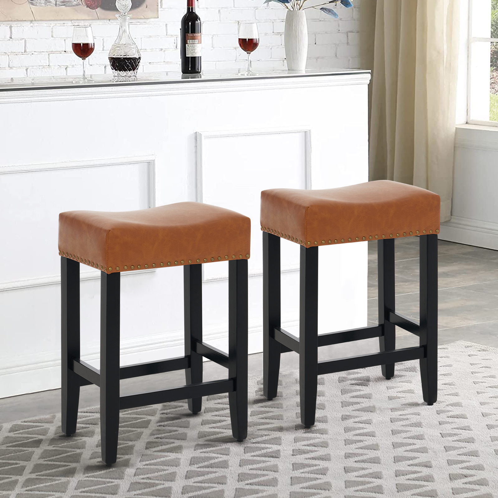 26 Inch Bar Stools Set of 2 Saddle Stools for Counter Height Brown