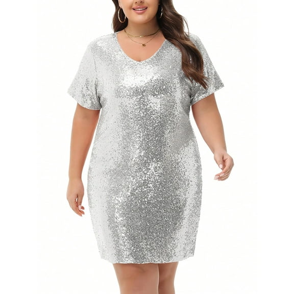 Women's Plus Size V-Neck Short Sleeve Sequin Party Dress- XXX Large, Silver