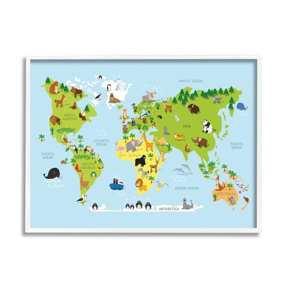 Stupell Industries World Map Cartoon And Colorful Graphic Art White Framed Art Print Wall Art, 11x14, by In House
