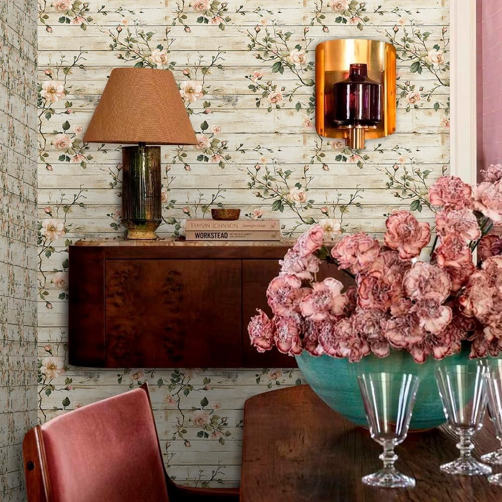 Rustic Wood Pink Wildflower Vine Rose Flower Peel and Stick Wallpaper Contact Paper Vintage Vinyl Stick on Wall Paper for Bedroom Bathroom Kitchen Cabinet Renter Friendly