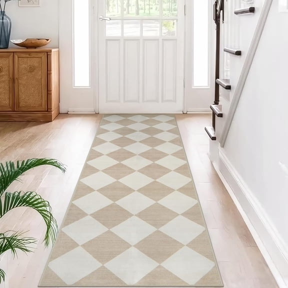 Brythos 2x6 ft Beige Checkered Runner Rug, 6ft Long Non-Slip Washable Ultra Thin Carpet for Hallway Kitchen Entryway