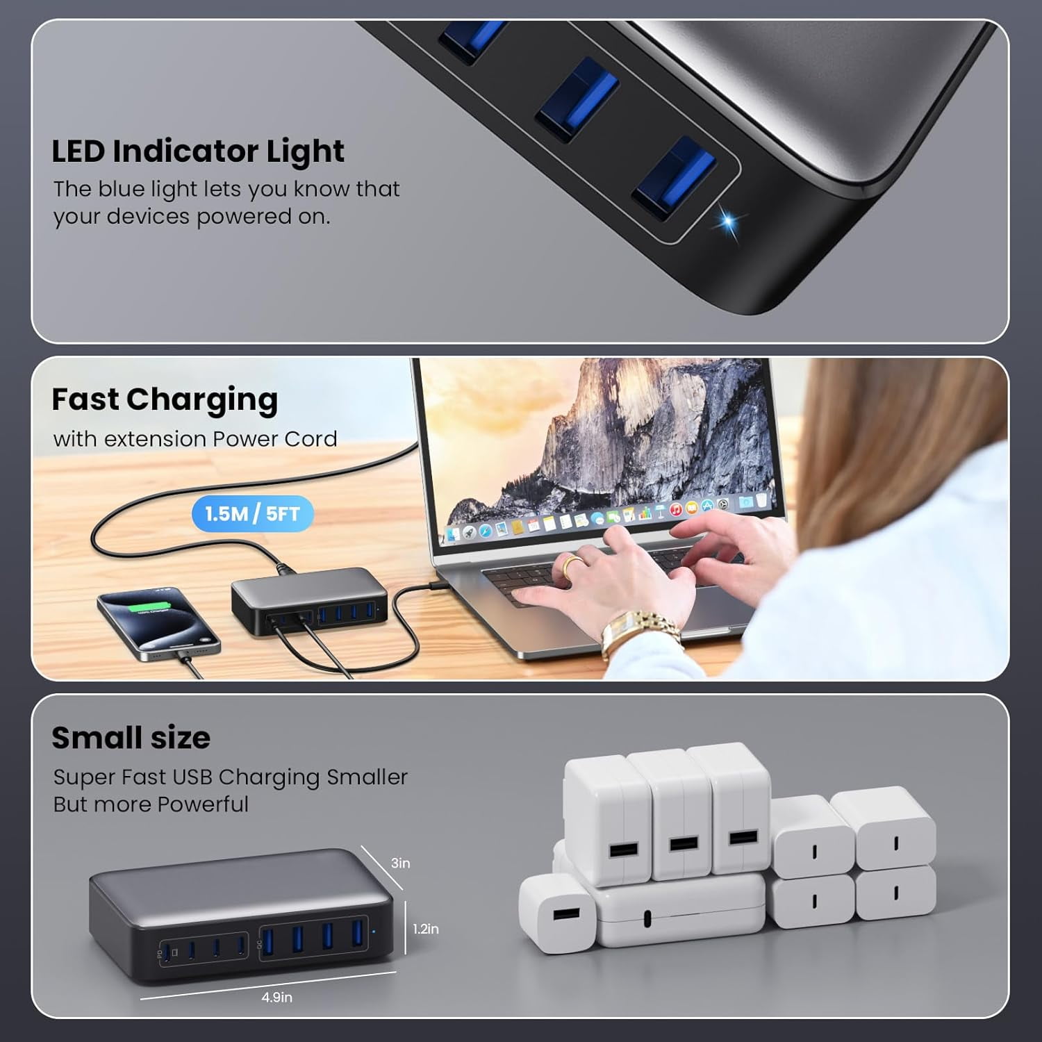 USB-C Charger 200W Charging Block, Upgraded GaN III 8-Port Fast Charging Station Hub, PD 65W Laptop Charging Adapter, Compatible with MacBook Pro/Air, DELL, Steam Deck, iPhone 16/15/14, Galaxy S23/22