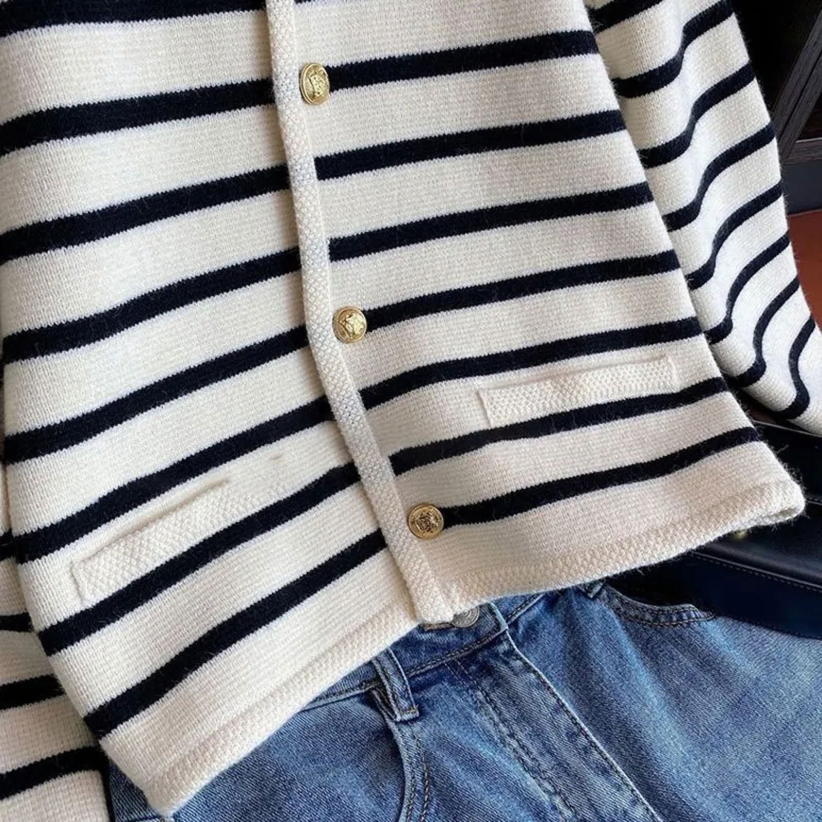 Korean Fashion Sweater Cardigan White Black Striped Knitted Sweater ...