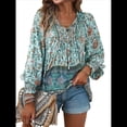 thumbnail image 3 of Blusa Informal con Cuello en V para Mujer, Holgada, con Estampado Floral, de Larga, para Playa. Azul S, 3 of 10