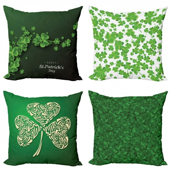 Ambesonne St. Patrick's Day Throw Pillow Cover 4 Pack, Leaves of Clovers, 20", Green White and Dark Green