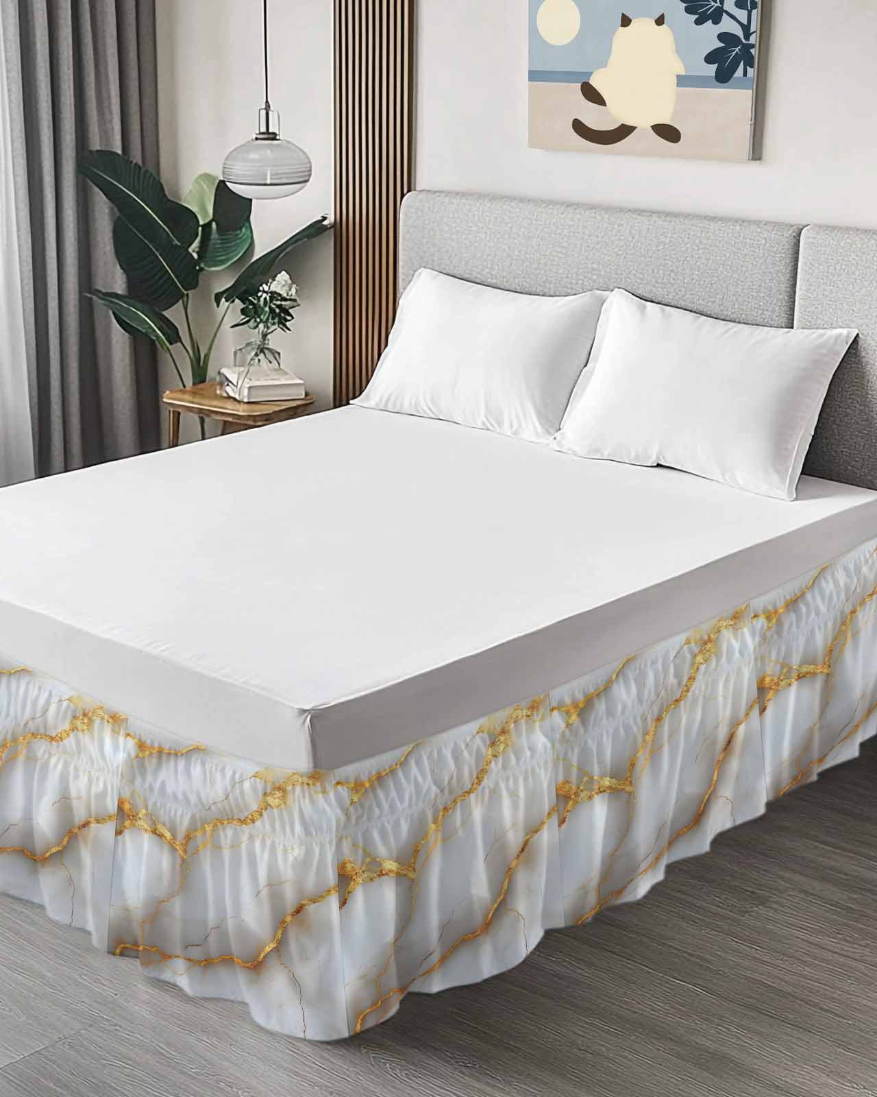 Marble Grey Bed Skirt Queen Size, Gold Texture Modern Crack Scenery Wrap Around Bed Skirting with Adjustable Elastic Strap, Dust Ruffle Pleated Bedskirts 16 Inch Drop for Bedroom Queen Beds