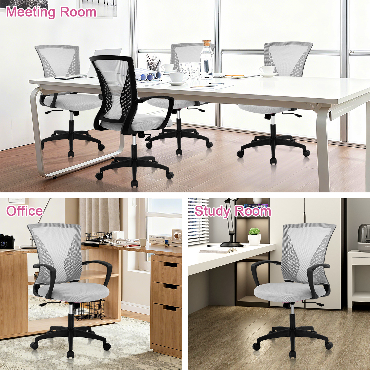Mid-Back Office Chair, Ergonomic Computer Chair Adjustable Desk Chair with Armrest, Rolling Swivel Chair for Home&Office, Easy to Assemble, Grey