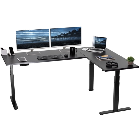 VIVO Electric 78" x 55" Stand Up Corner Desk, Black Table Tops, Black Frame