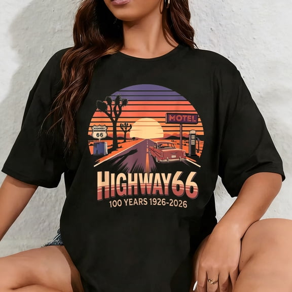 100% Cotton Unisex Highway 66 100 Years 1926-2026 Classic Car Lover Anniversary T-Shirt