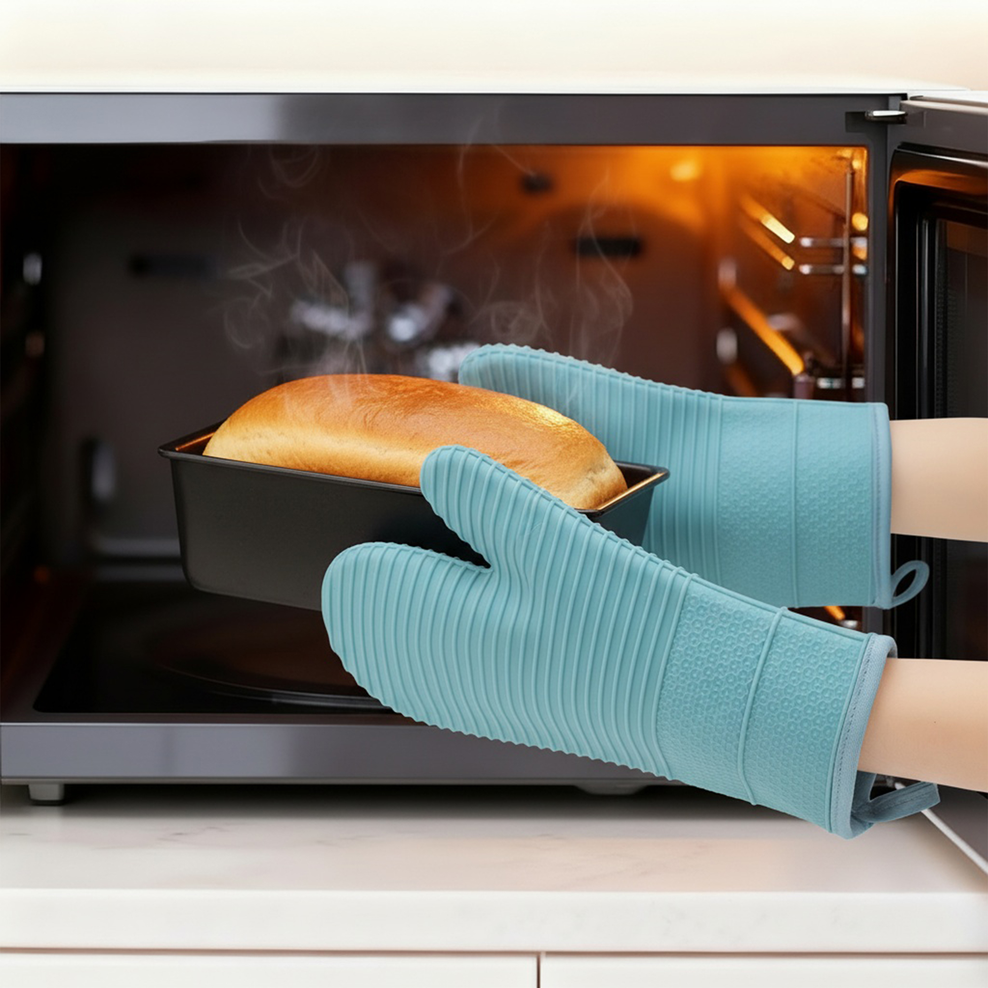 Unique Bargains Soft Oven Mitts Heat Resistant Cooking Gloves Sky Blue 12.4x7.5inch