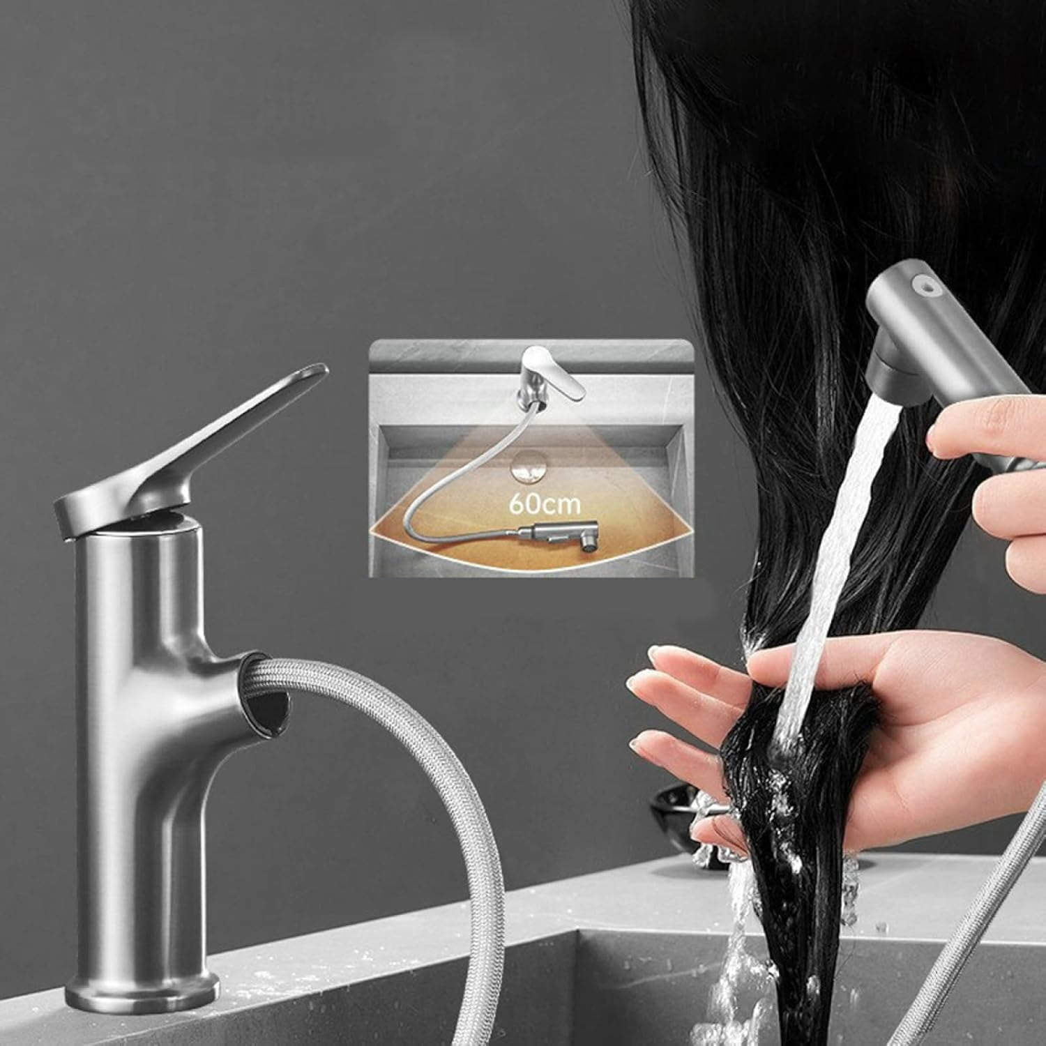 Bathroom Faucet with Pull Out Sprayer,Brass Bathroom Sink Faucet,3 Modes Bathroom Pull Out Faucet,Bathroom Faucet Single Handle,Basin Faucet for Hot and Cold Water,Gun Gray