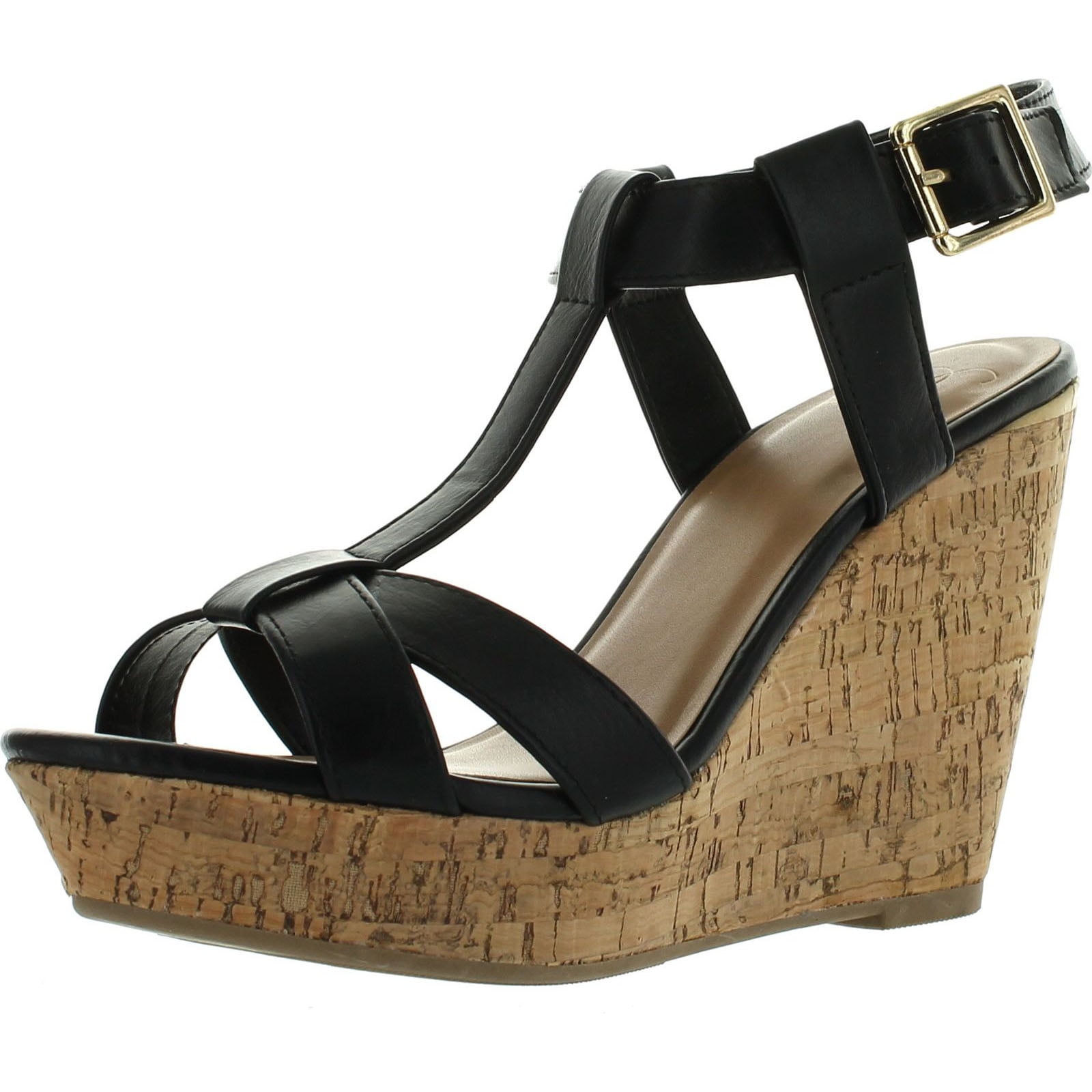 Delicious Womens Johanna T-Strap Cork Platform Wedge Sandals, Black, 10 ...