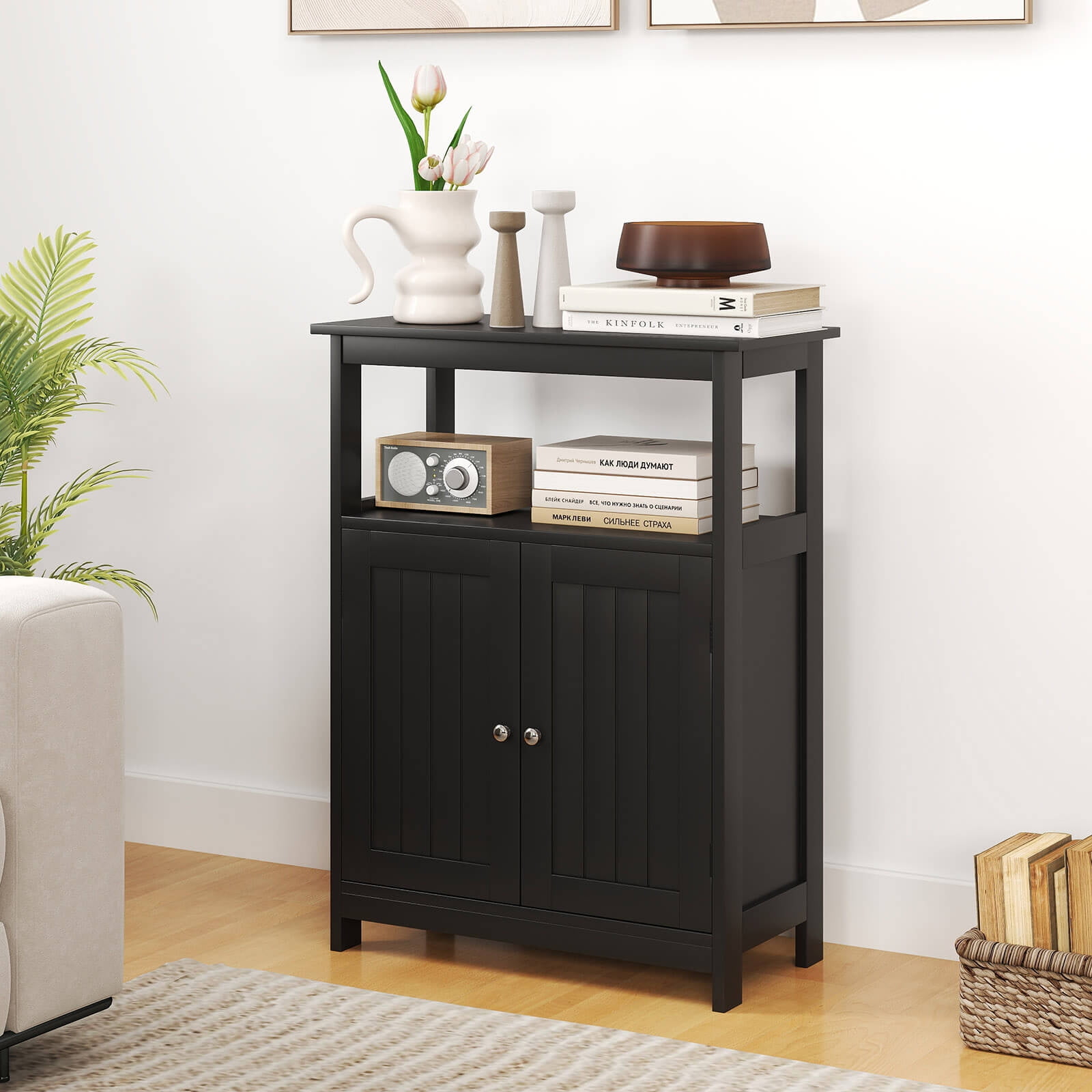 Costway Bathroom Floor Cabinet Freestanding Storage Organizer with 2 Doors Open Compartment Black