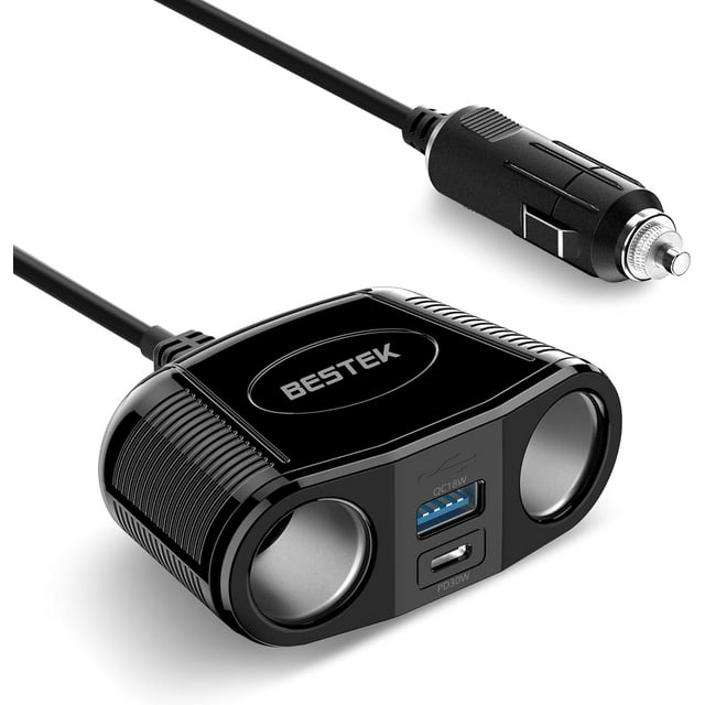 BESTEK Cigarette Lighter Splitter Adapter - 150W Car Charger Adapter with 2-Socket Dual 12v Splitter QC3.0 DC Cigarette Outlet and USB-C PD30W Car Charger Super Fast Charger